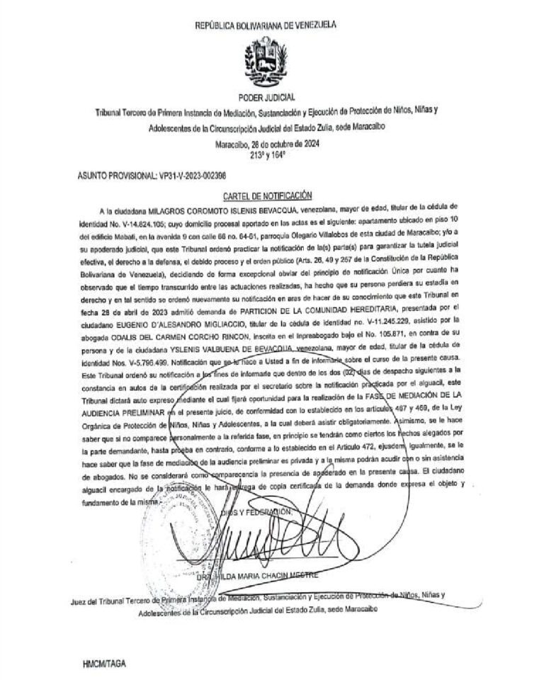 Cartel de Notificación Asunto provisional VP31-V-2023-002398 Milagros Coromoto Islenis Bevacqua