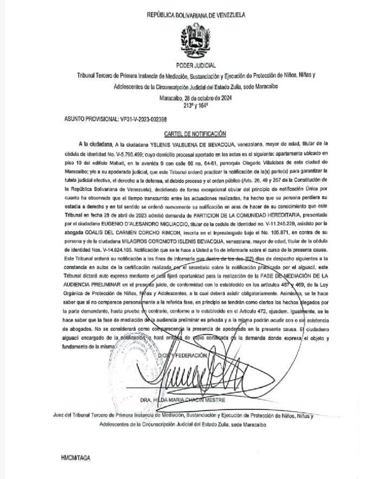 Cartel de Notificación Asunto provisional VP31-V-2023-002398 Yslenis Valbuena De Bevacqua