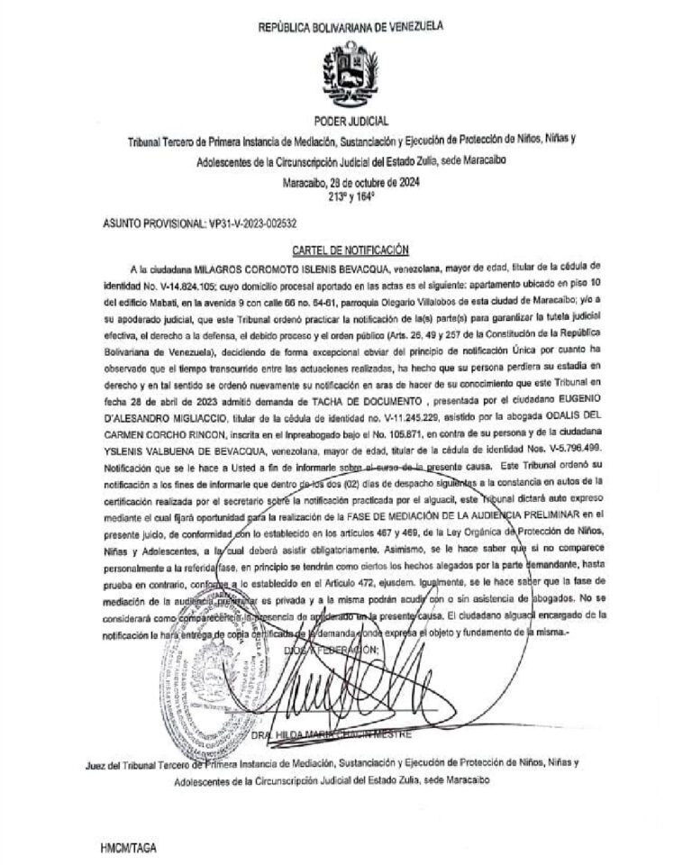 Cartel de Notificación Asunto provisional VP31-V-2023-002532 Milagros Coromoto Islenis Bevacqua