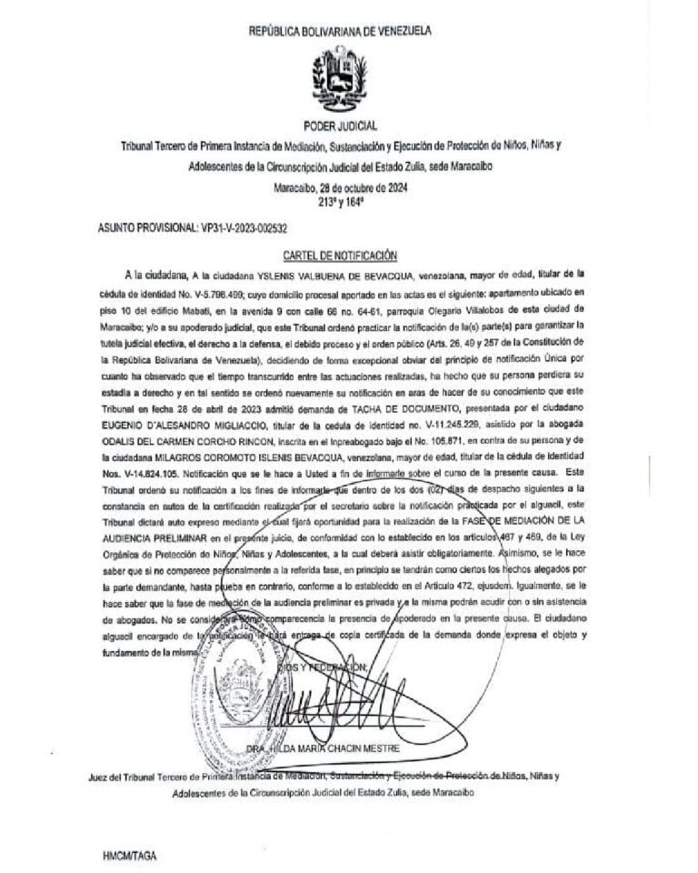 Cartel de Notificación Asunto provisional VP31-V-2023-002532 Yslenis Valbuena De Bevacqua