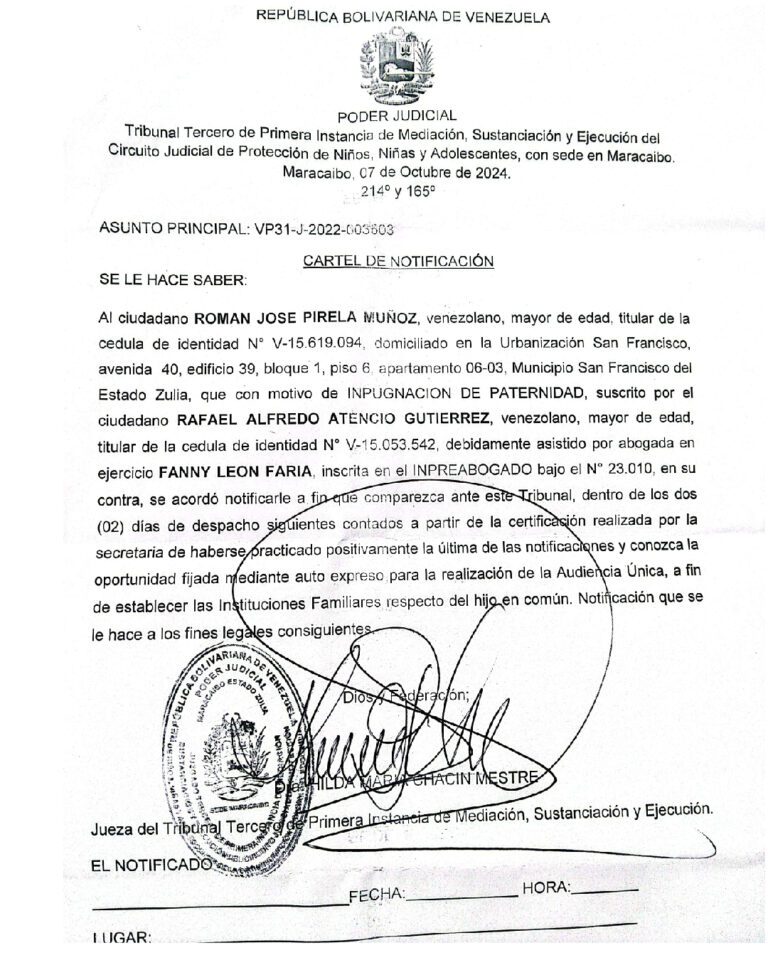 Cartel de notificación Asunto principal VP31-J-2022-03503