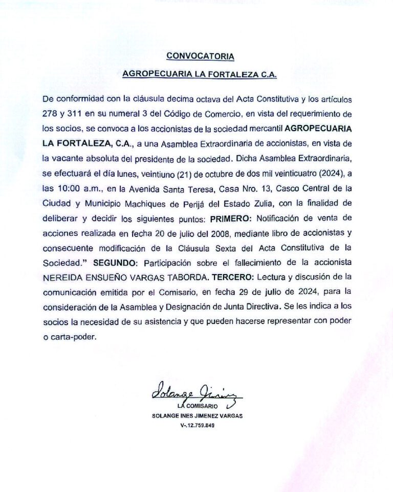 Convocatoria Asamblea Agropecuaria La Fortaleza C.A