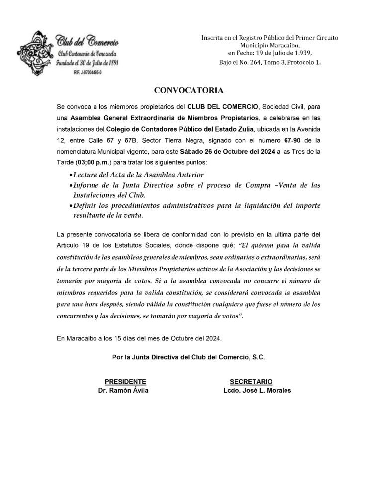 Convocatoria Asamblea General Extraordinaria Club del Comercio