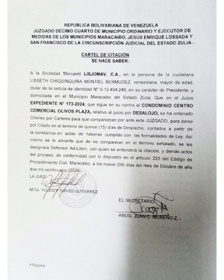 Cartel de Citación Expediente Nro 173-2024