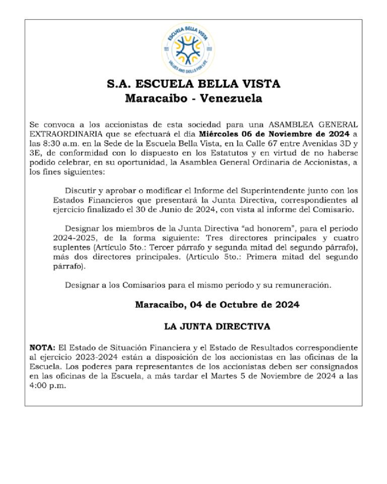 Convocatoria Asamblea Extraordinaria de Accionistas Colegio Bella vista