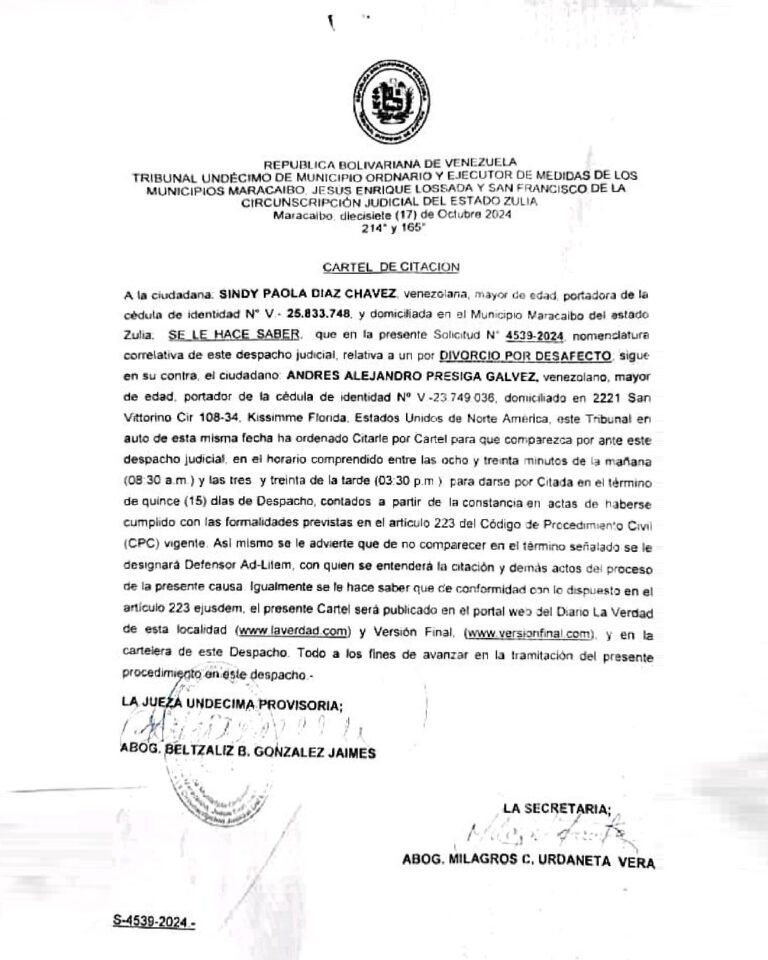 Cartel de citación Solicitud Nro 4539-2024