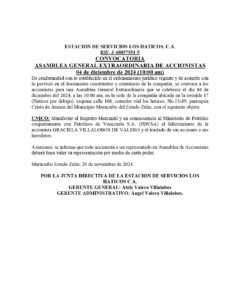 Asamblea General Extraordinaria de Accionistas Estación de Servicios Los Haticos