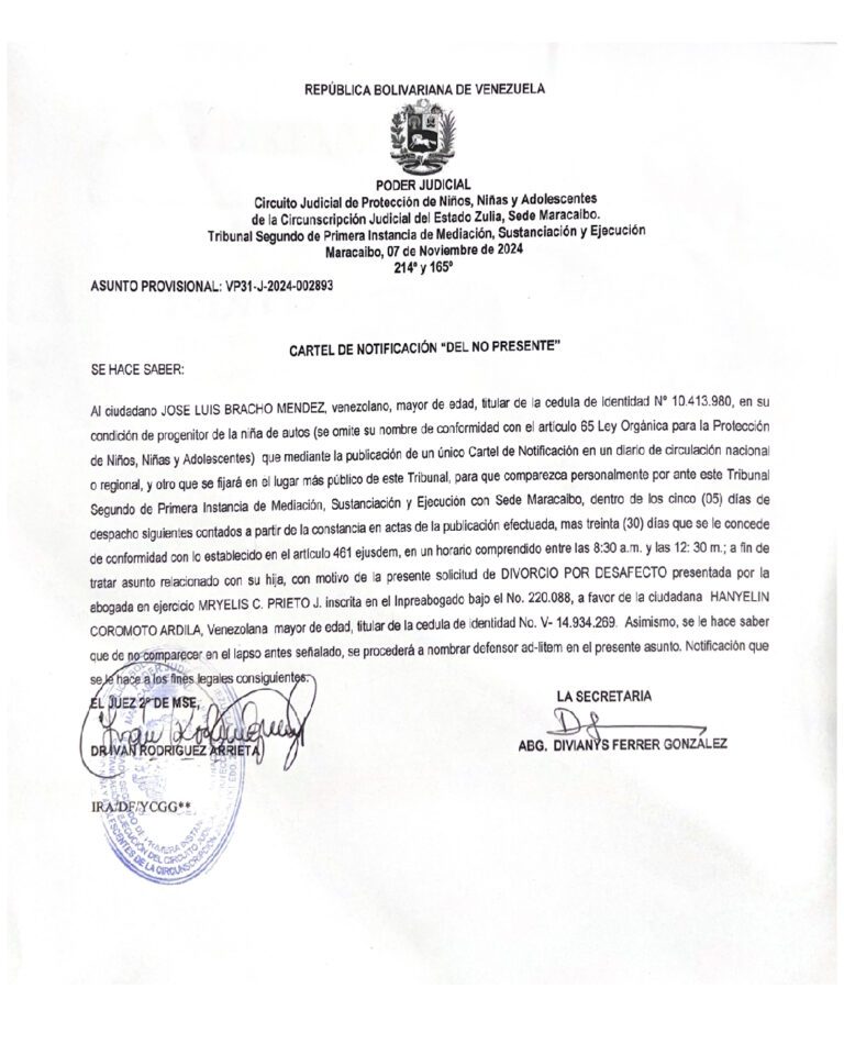 Cartel de Notificación "Del No Presente" Asunto provisional VP31-J-2024-002893