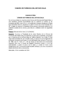 Convocatoria Asamblea General Extraordinaria Cámara de Farmacia del Estado Zulia