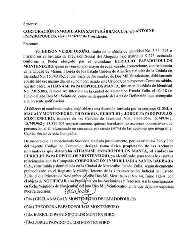 Cartel de Notificación Corporación Inmobiliaria Santa Bárbara C.A