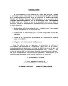 Convocatoria Asamblea General de Propietarios Edificio Via Veneto