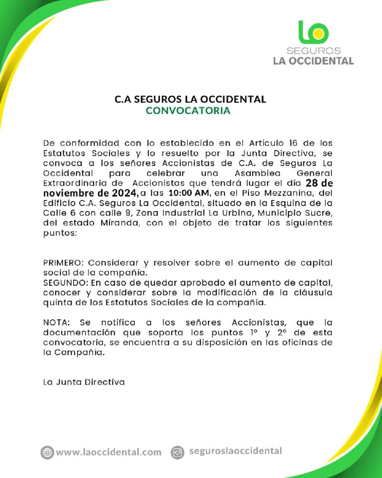 Convocatoria Asamblea General Extraordinaria Seguros La Occidental