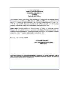 Convocatoria Asamblea General Ordinaria Comercial Belloso C.A