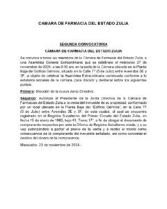 Segunda Convocatoria Cámara de Farmacia del Estado Zulia