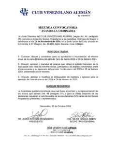 Segunda Convocatoria Asamblea Ordinaria Club Venezolano Alemán