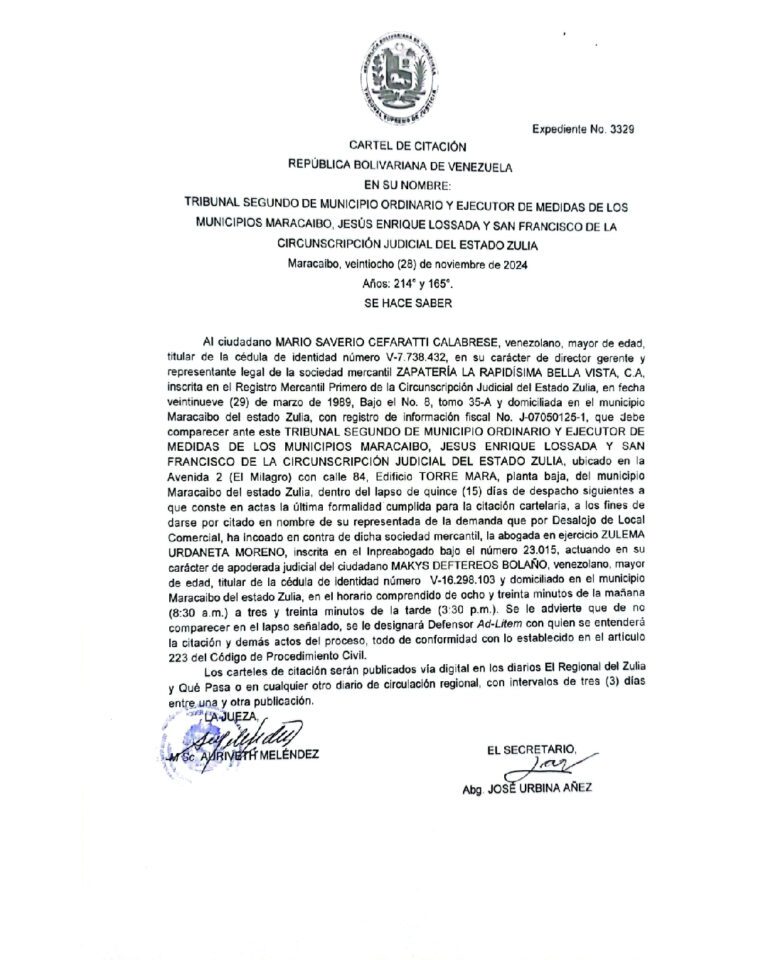 Cartel de Citación Expediente Nro 3329
