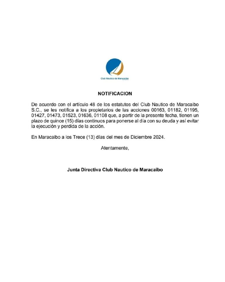 Cartel de Notificación Club Náutico de Maracaibo