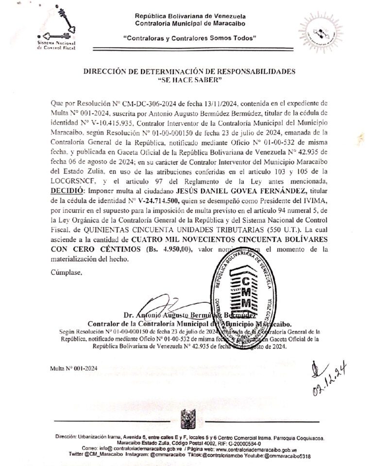 Contraloría Municipal de Maracaibo Se Hace Saber Multa Nro 001-2024