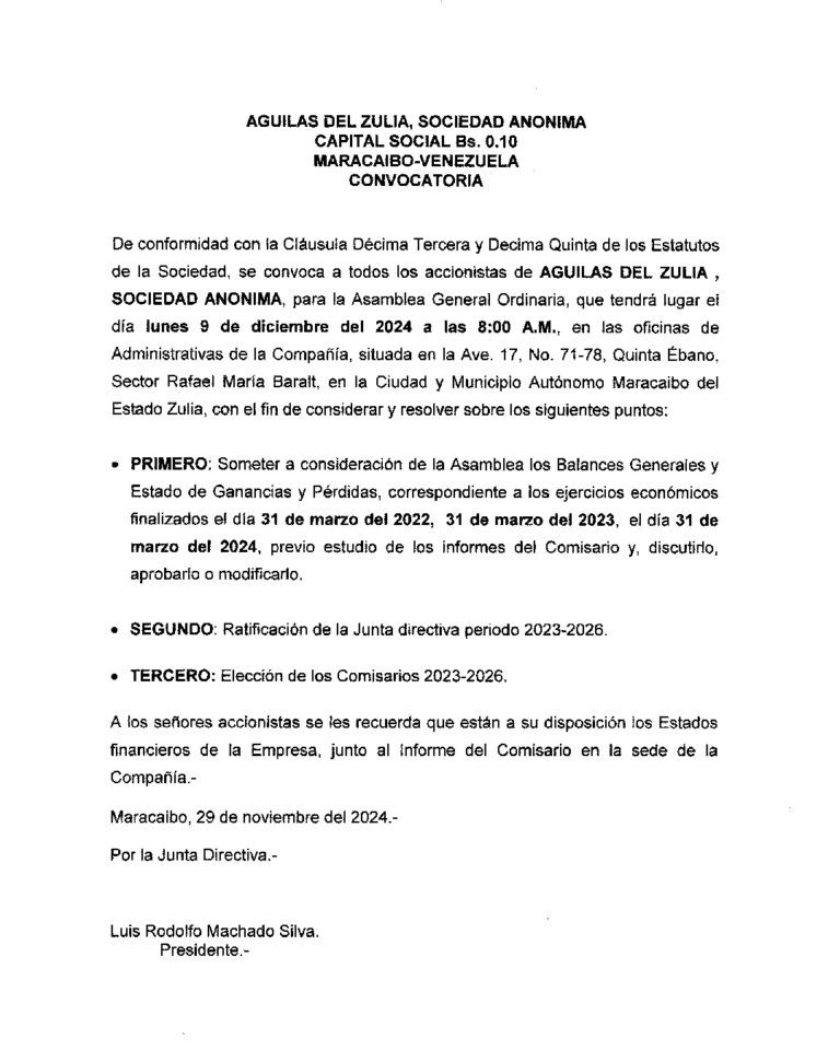 Convocatoria Águilas del Zulia, Sociedad Anónima