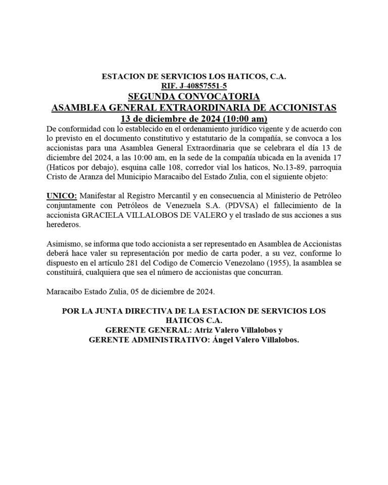 Segunda Convocatoria Asamblea General Extraordinaria Estación de Servicio Los Haticos C.A