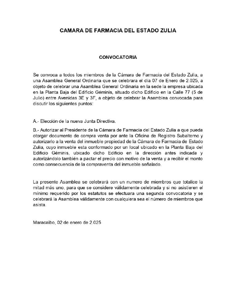 Convocatoria Asamblea General Ordinaria Cámara de Farmacia del Estado Zulia