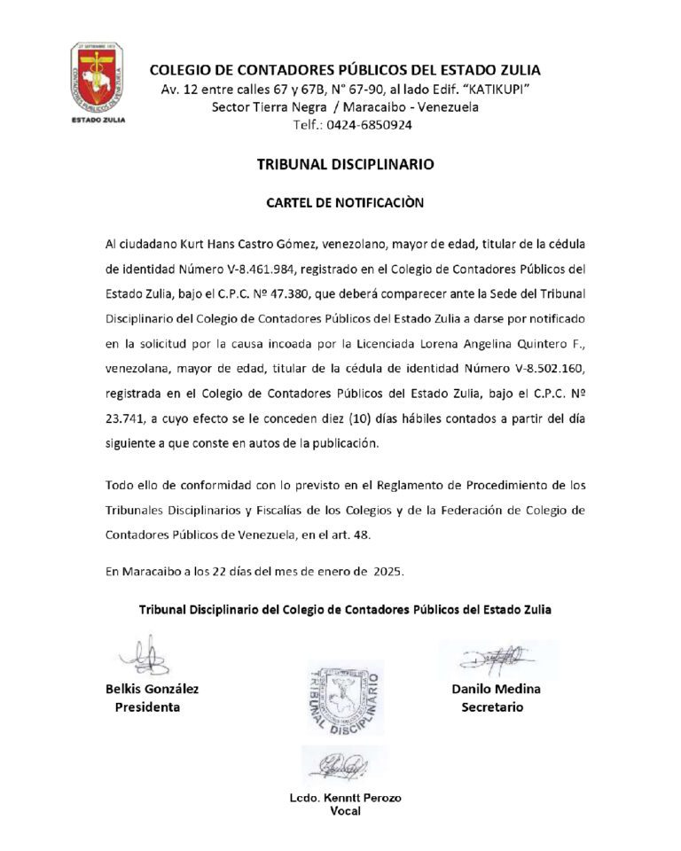 Cartel de Notificación Tribunal Disciplinario del Colegio de Contadores Públicos del Estado Zulia