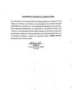 Convocatoria Asamblea Extraordinaria de Accionistas El Zajón S.A