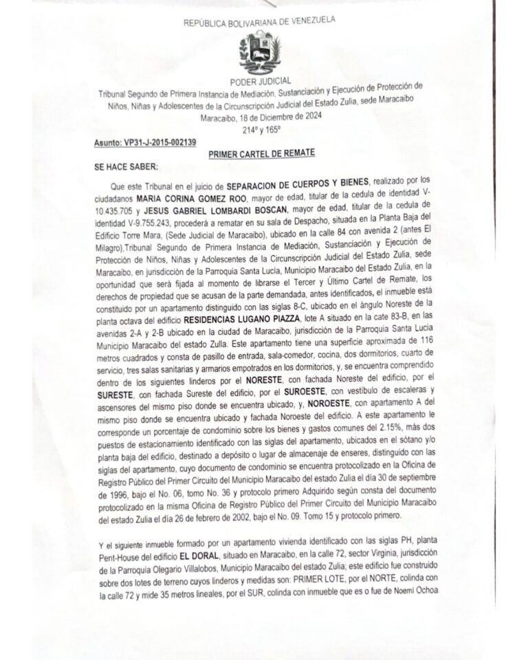 Primer Cartel de Remate Asunto VP31-J-2015002139