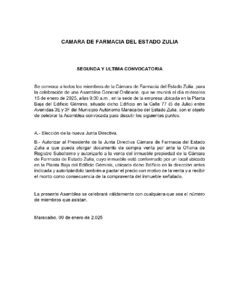 Segunda y Última Convocatoria Cámara de Farmacia del Estado Zulia