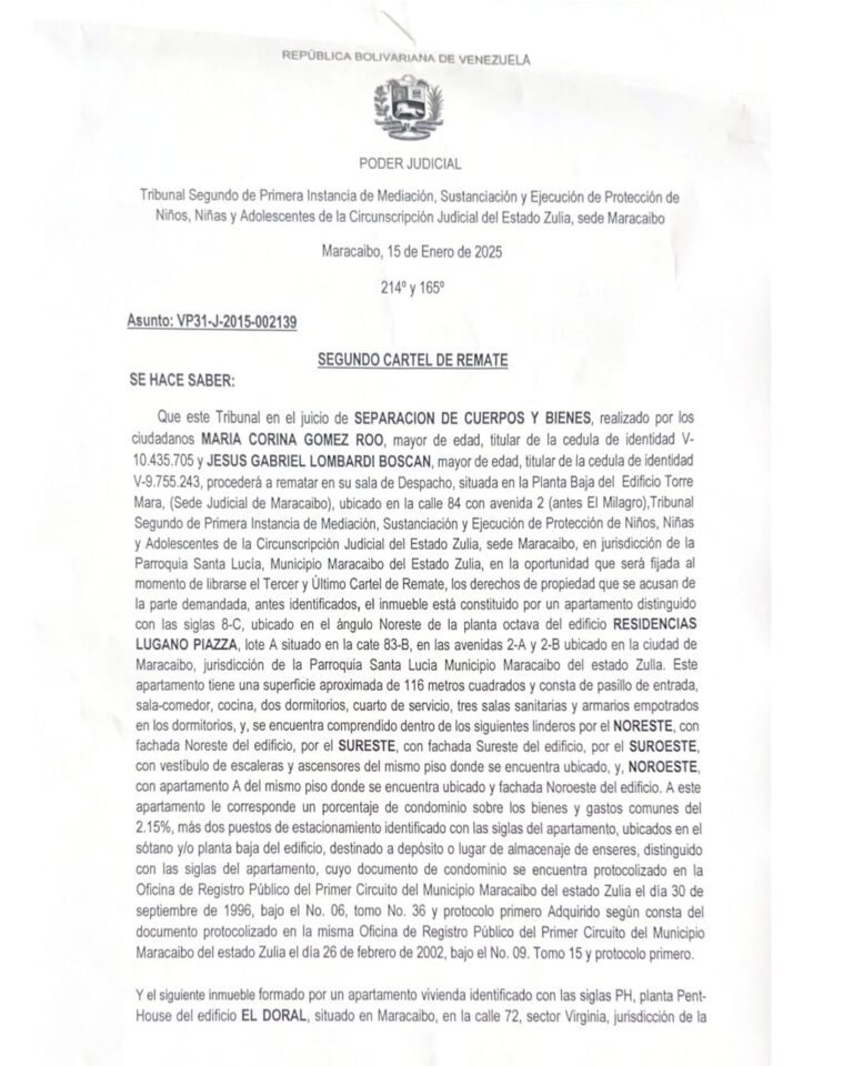 Segundo Cartel de Remate Asunto VP31-J-2015-002139