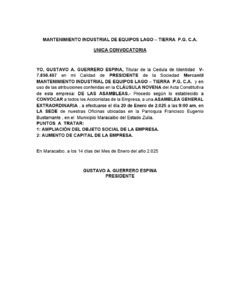 Única Convocatoria Mantenimiento Industrial de Equipos Lago – Tierra P.G C.A