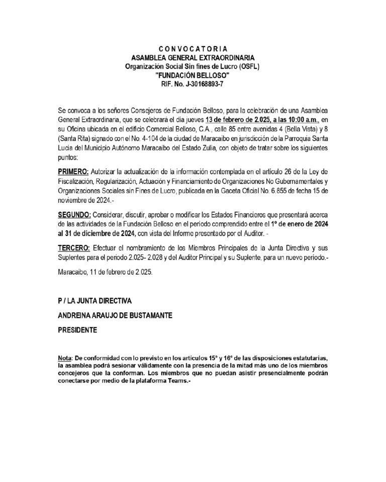 Convocatoria Asamblea General Extraordinaria Fundación Belloso