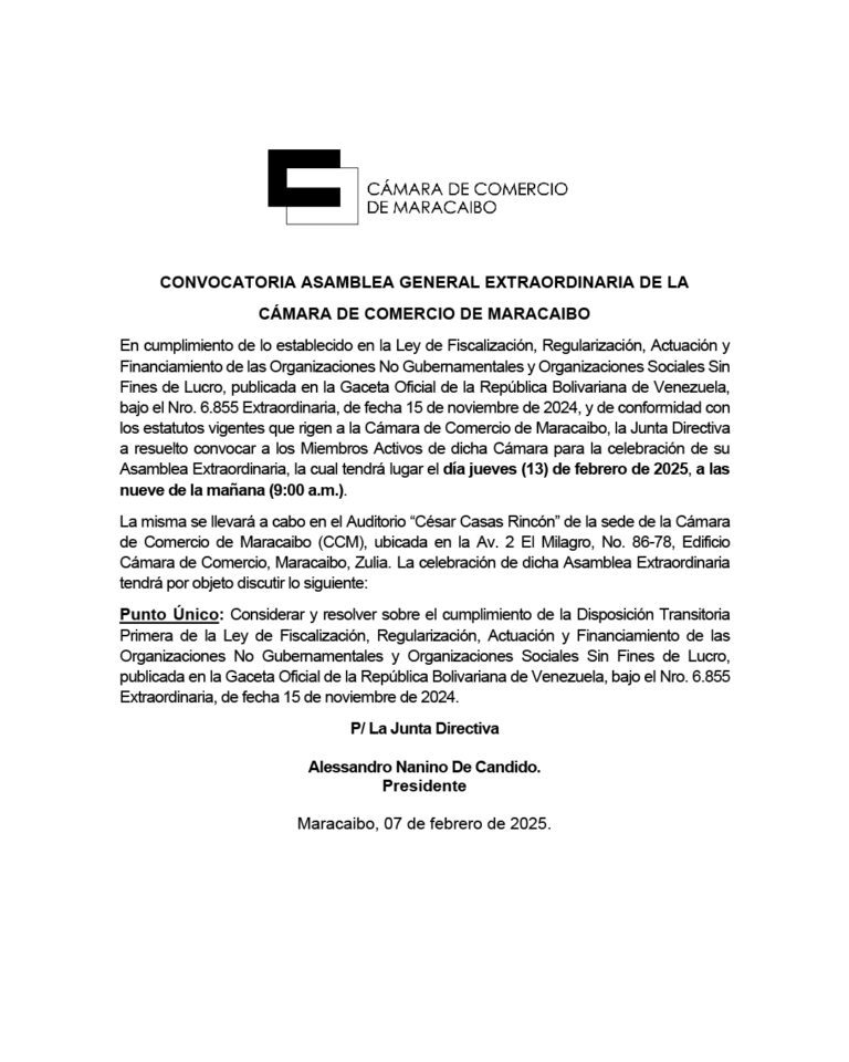 Convocatoria Asamblea General Extraordinaria de la Cámara de Comercio de Maracaibo