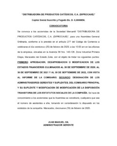 Convocatoria Asamblea General Ordinaria Distribuidora de Productos Catódicos C.A