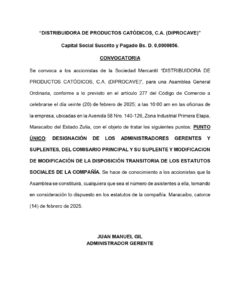 Convocatoria Asamblea General Ordinaria Distribuidora de Productos Catódicos C.A