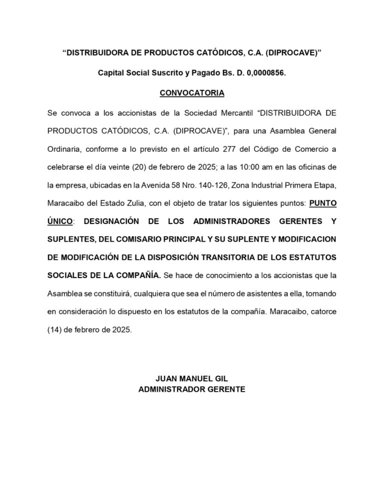 Convocatoria Asamblea General Ordinaria Distribuidora de Productos Catódicos C.A