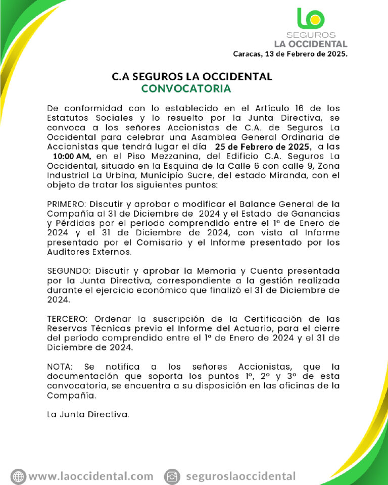 Convocatoria Asamblea General Ordinaria de Accionistas Seguros La Occidental