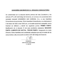 Segunda Convocatoria Asamblea Extraordinaria Ganadería San Marcos C.A