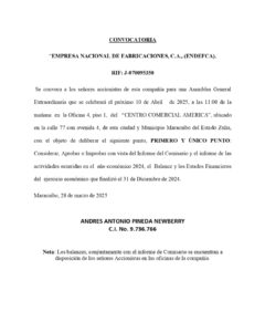 Convocatoria Asamblea General Extraordinaria Empresa Nacional de Fabricaciones C.A ENDEFCA