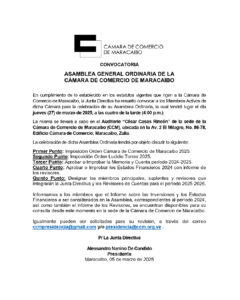 Convocatoria Asamblea Ordinaria de la Cámara de Comercio de Maracaibo
