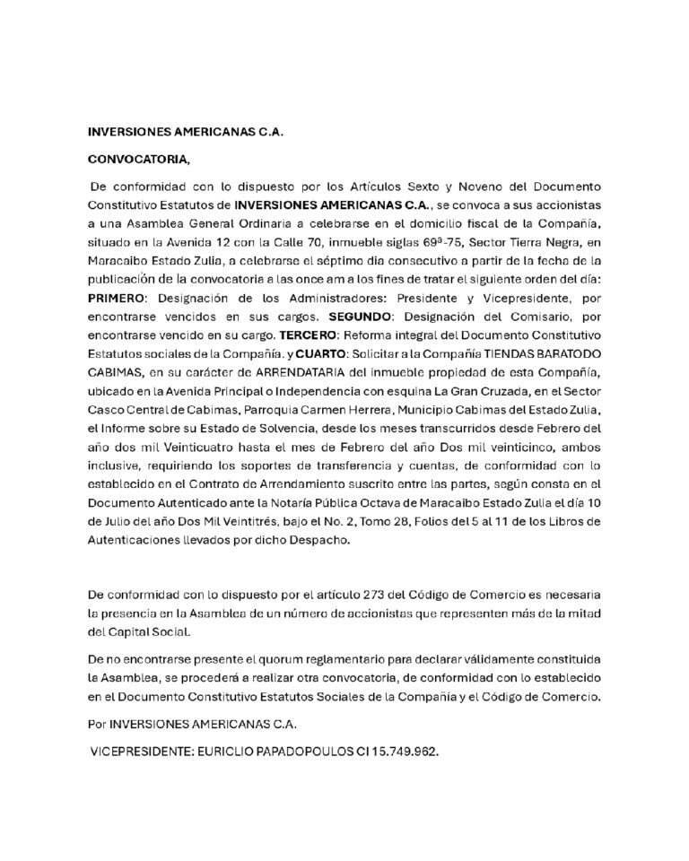 Convocatoria Asamblea General Ordinaria Inversiones Americanas C.A