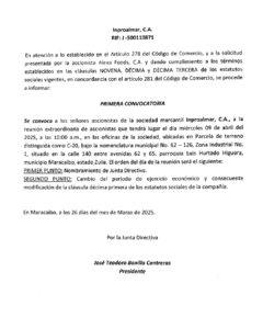 Primera Convocatoria Reunión Extraordinaria Inproalmar C.A