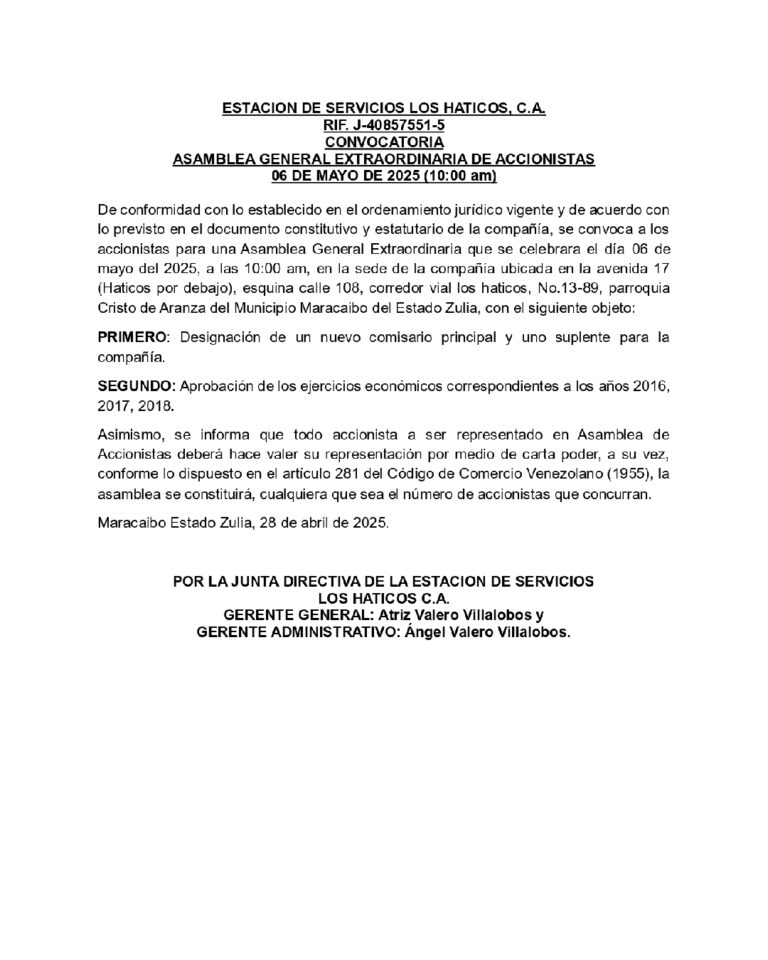 Asamblea General Extraordinaria Estación de Servicios Los Háticos C.A 6 de mayo