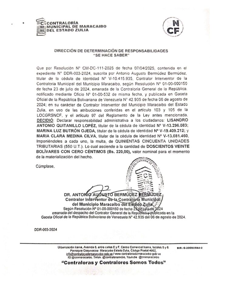 Cartel Contraloría Municipal de Maracaibo Estado Zulia Expediente No DDR -003-2024