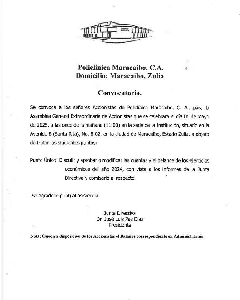 Convocatoria Asamblea General Extraordinaria Policlínica Maracaibo