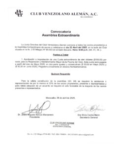 Convocatoria Asamblea Extraordinaria Club Venezolano Alemán