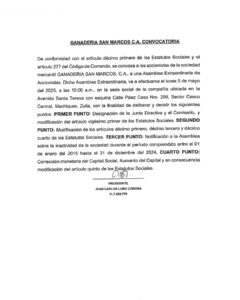 Convocatoria Asamblea Extraordinaria Ganadería San Marcos C.A