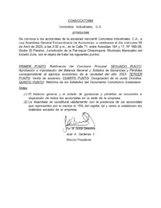 Convocatoria Asamblea General Extraordinaria Concretos Industriales C.A