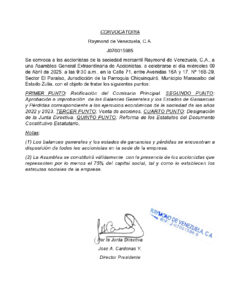 Convocatoria Asamblea General Extraordinaria Raymond de Venezuela C.A