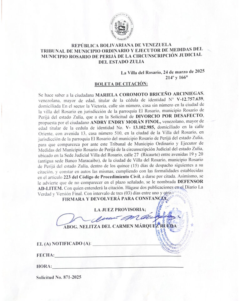 Boleta de Citación Solicitud Nro 871-2025